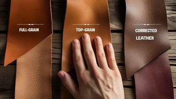 Full grain, Top grain and corrected leather placed side by side