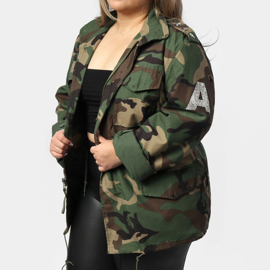 Women’s Trendy Glam Letter Classic Camo Jacket-Camouflage Jacket-Premium Leather Store