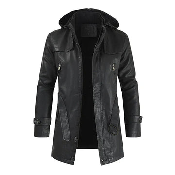 Black Fashionable Hooded Long Leather Motorcycle Coat-Men Leather Coat-Premium Leather Store