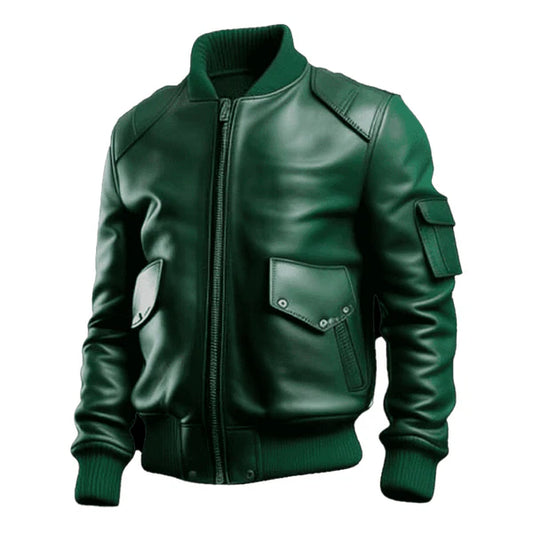 Men's Green Sleeve Pocket Bomber Leather Jacket-Men's Bomber Jacket-Premium Leather Store