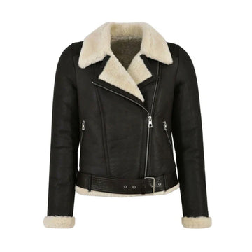 Women Black Faux Shearling Genuine Leather Biker Jacket-Women Shearling Jacket-Premium Leather Store