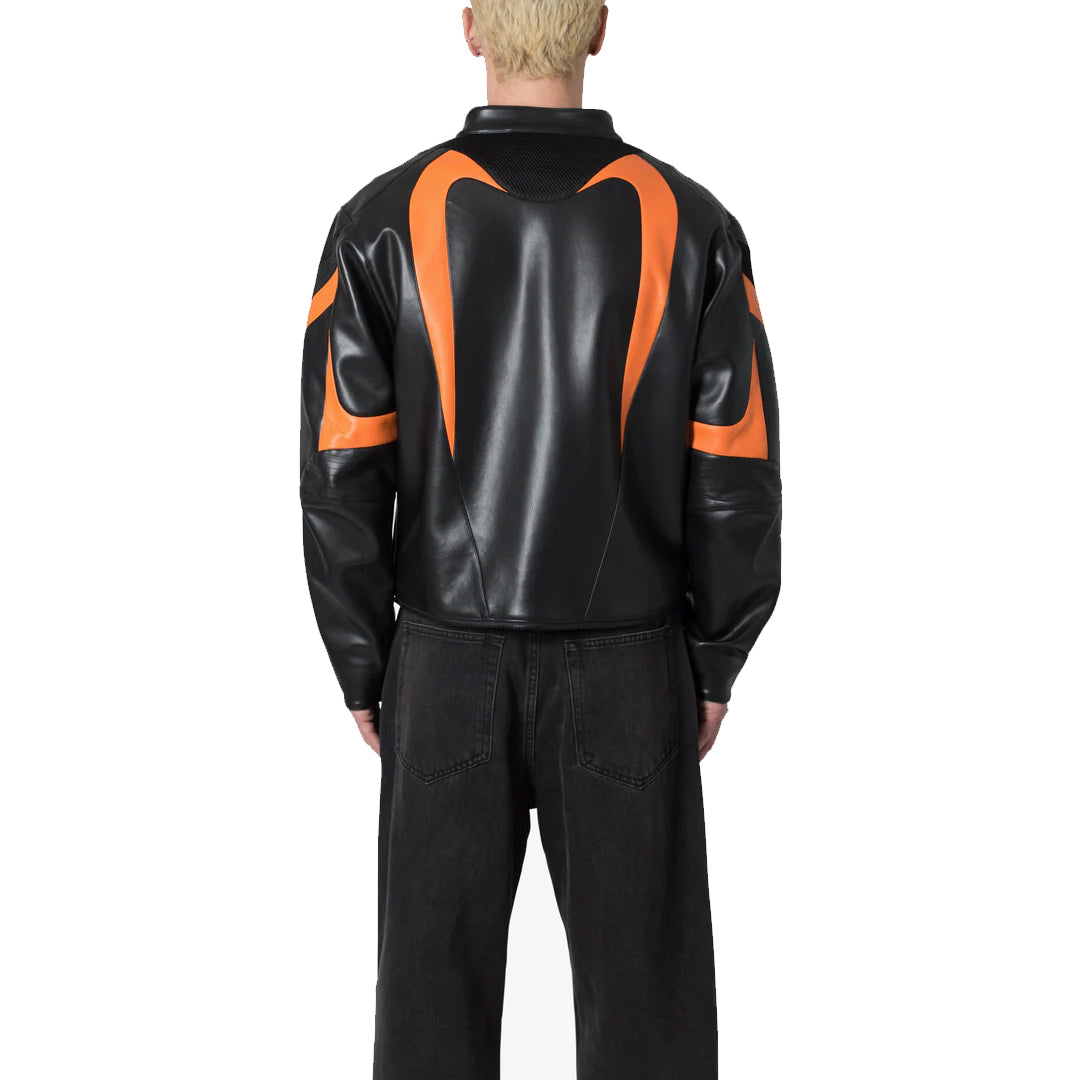 Men's Black Orange Cropped Biker Leather Jacket-Men's Biker Jackets-Premium Leather Store