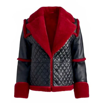 Women's Black Leather and Red Faux Shearling Aviator Jacket-Women Shearling Jacket-Premium Leather Store
