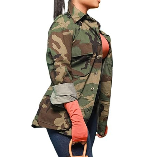 Women’s Military Style Long Sleeve Blazer Camo Jacket-Camouflage Jacket-Premium Leather Store