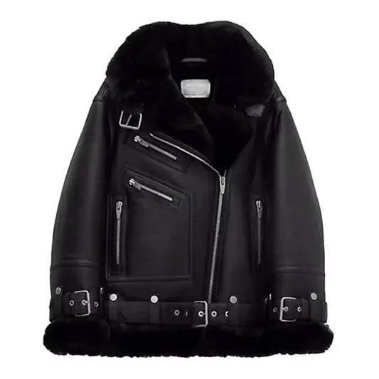 Women's Notch Faux Shearling Moto Leather Jacket-Women Shearling Jacket-Premium Leather Store