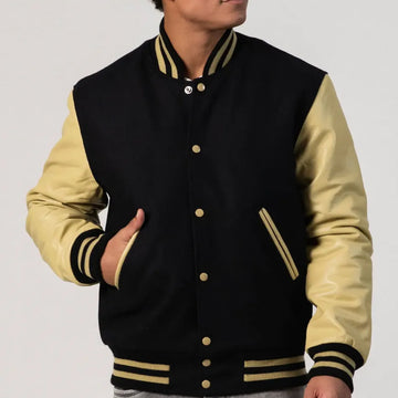 Black Melton Wool Body & Vegas Gold Leather Sleeves Varsity Jacket-Varsity Jackets-Premium Leather Store