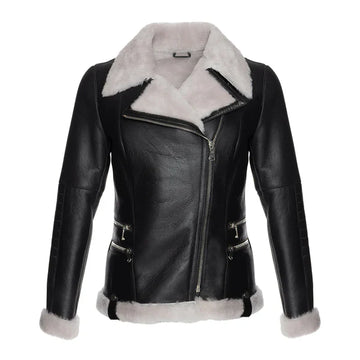 Women's White Faux Fur Merino Shearling Black Leather Jacket-Women Shearling Jacket-Premium Leather Store