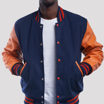 Royal Wool Varsity Jacket with Orange Leather Sleeves-Varsity Jackets-Premium Leather Store
