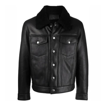 Men's Black Faux Shearling Fur Collar Bomber Leather Jacket-Men Shearling Jacket-Premium Leather Store