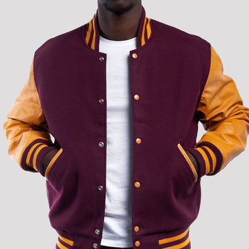 Maroon Wool Varsity Jacket with Bright Gold Leather Sleeves-Varsity Jackets-Premium Leather Store