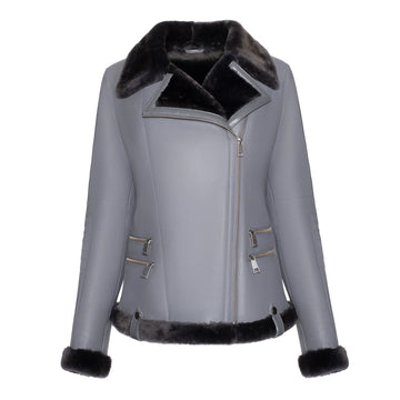Women's Black Faux Fur Merino Shearling White Leather Jacket-Women Shearling Jacket-Premium Leather Store