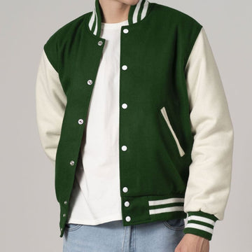 Kelly Green & White Customizable All-Wool Varsity Jacket-Varsity Jackets-Premium Leather Store