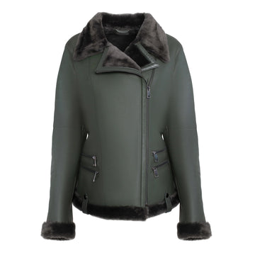 Women's Spanish Merino Faux Shearling Green Leather Jacket-Women Shearling Jacket-Premium Leather Store
