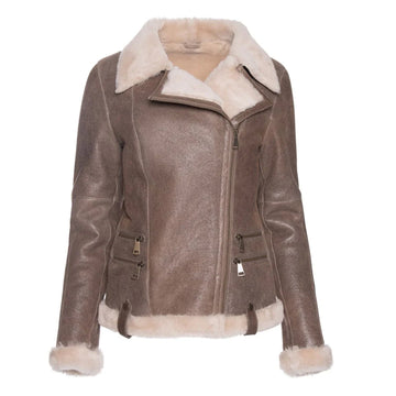 Women's Spanish Merino Faux Shearling Brown Leather Jacket-Women Shearling Jacket-Premium Leather Store