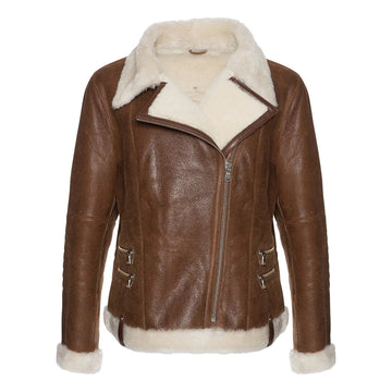 Women's White Faux Fur Merino Shearling Brown Leather Jacket-Women Shearling Jacket-Premium Leather Store