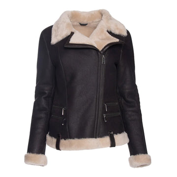 Women's Vanilla Faux Fur Merino Shearling Brown Leather Jacket-Women Shearling Jacket-Premium Leather Store