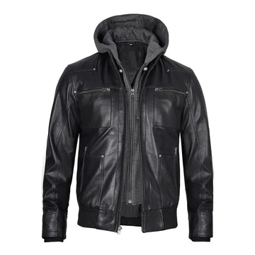 Men's Grey Hoodie Leather Jacket-Leather Jackets-Premium Leather Store