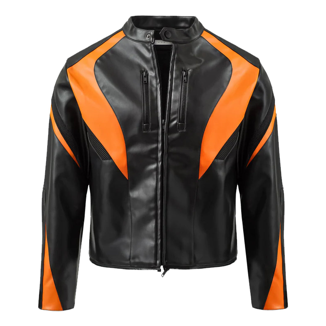 Men's Black Orange Cropped Biker Leather Jacket-Men's Biker Jackets-Premium Leather Store