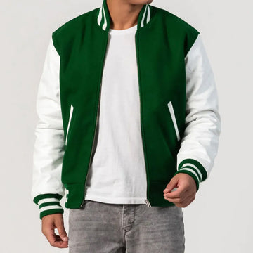Kelly Green Wool Varsity Jacket with White Leather Sleeves and Zipper-Varsity Jackets-Premium Leather Store