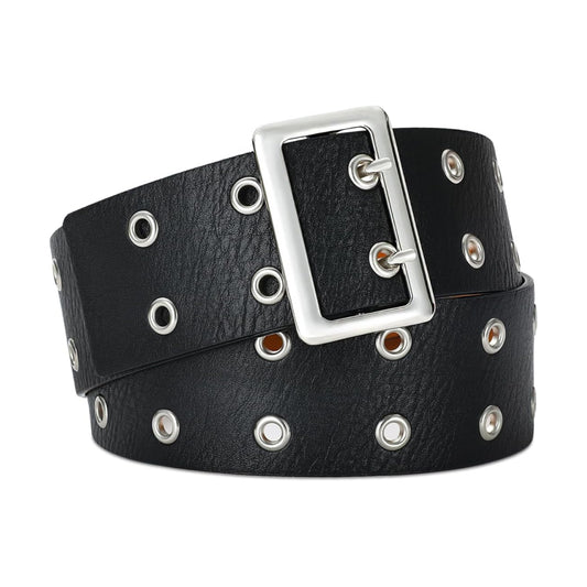 Black Belt Silver Buckle & Metal Ring Accents-Women Leather Belts-Premium Leather Store