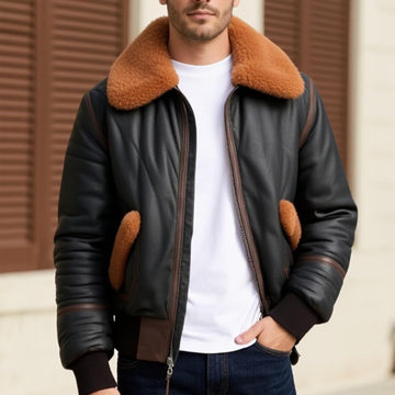 Men's Brown B3 Aviation Faux Shearling Bomber Leather Jacket