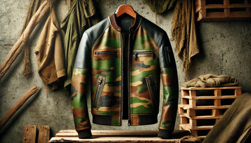 Men’s camouflage leather jacket in classic green camo pattern.