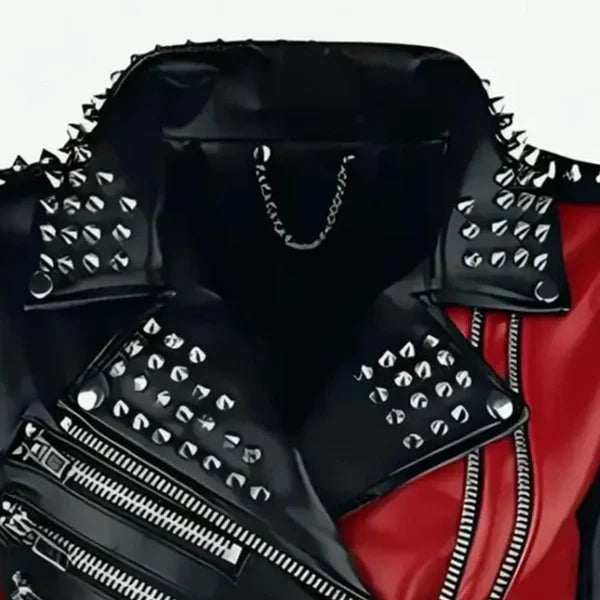 Women's Red & Black Studded Leather Moto Jacket-Women Leather Jacket-Premium Leather Store