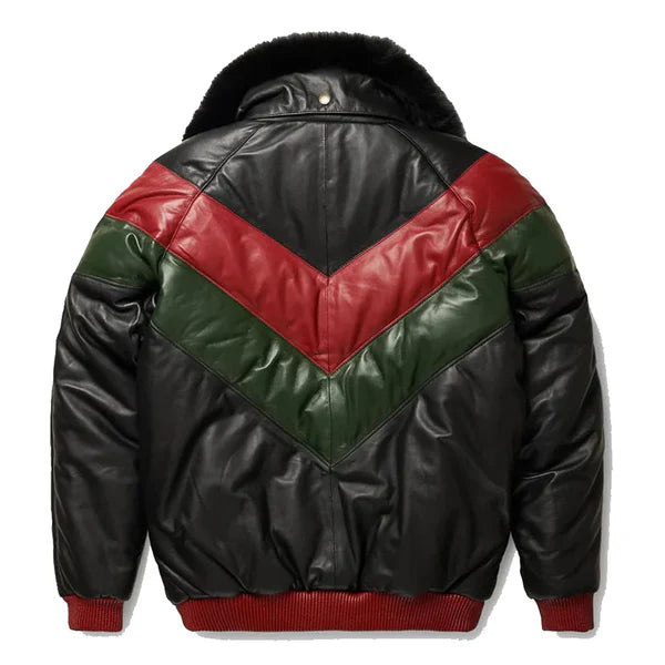 Men's Multicolor V-Bomber Faux Shearling Leather Jacket-Men Shearling Jacket-Premium Leather Store