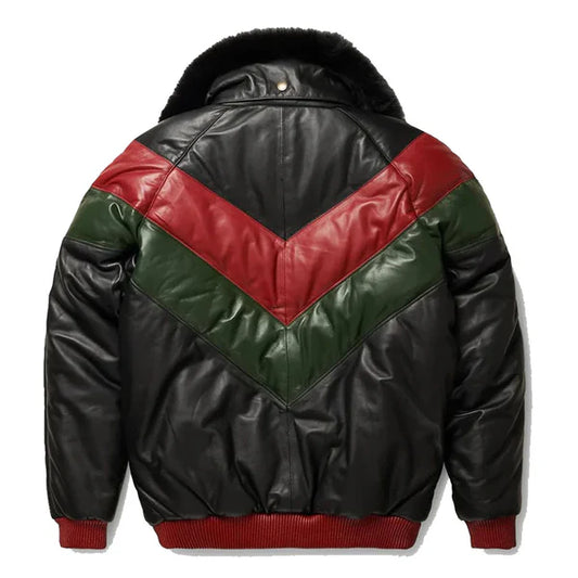 Men's Multicolor V-Bomber Faux Shearling Leather Jacket-Men Shearling Jacket-Premium Leather Store