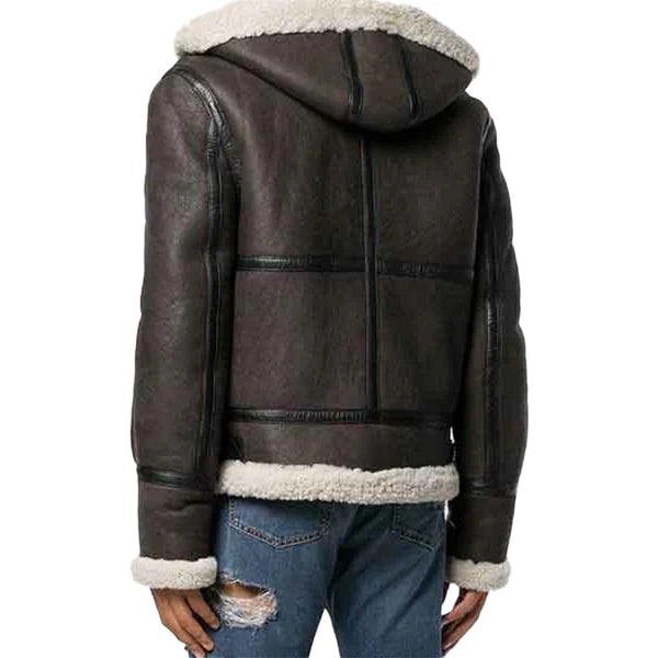 Men's Brown Faux Shearling Hooded Leather Jacket-Men Shearling Jacket-Premium Leather Store