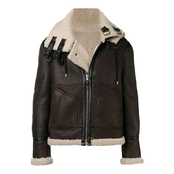 Men's Brown Faux Shearling Hooded Leather Jacket-Men Shearling Jacket-Premium Leather Store