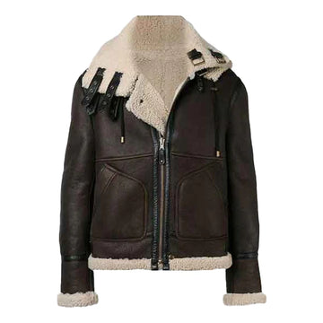 Men's Brown Faux Shearling Hooded Leather Jacket-Men Shearling Jacket-Premium Leather Store