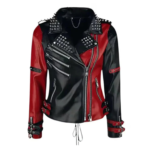 Women's Red & Black Studded Leather Moto Jacket-Women Leather Jacket-Premium Leather Store