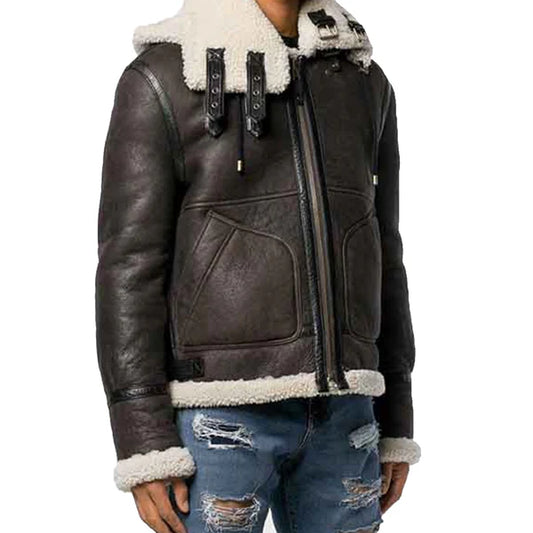 Men's Brown Faux Shearling Hooded Leather Jacket-Men Shearling Jacket-Premium Leather Store