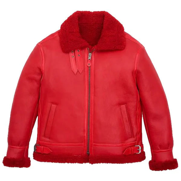 Men's Red Faux Shearling Military B3 Bomber Jacket-Men Shearling Jacket-Premium Leather Store