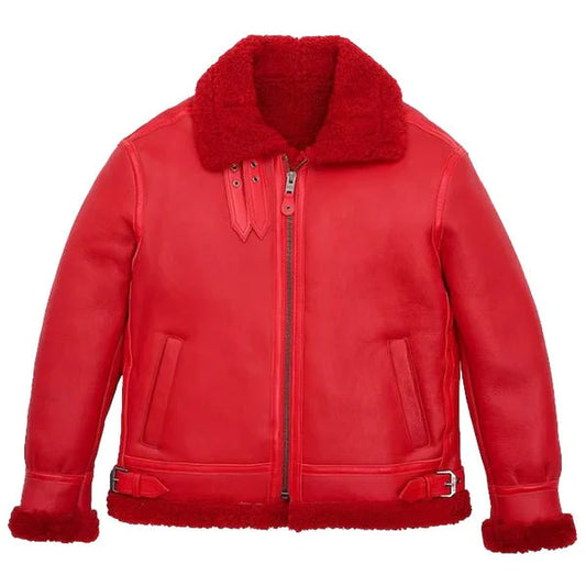 Men's Red Faux Shearling Military B3 Bomber Jacket-Men Shearling Jacket-Premium Leather Store
