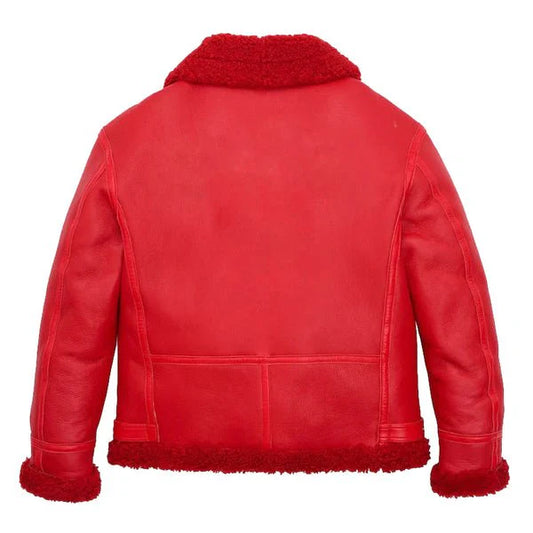 Men's Red Faux Shearling Military B3 Bomber Jacket-Men Shearling Jacket-Premium Leather Store