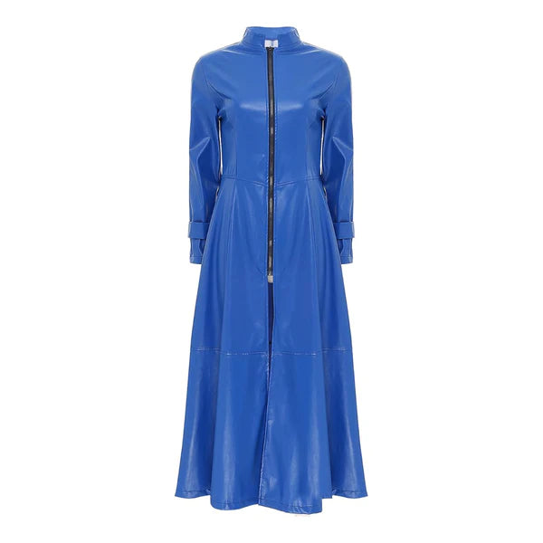 Blue Full-Zip Ankle-Length Genuine Leather Trench Coat-Women Leather Coat-Premium Leather Store