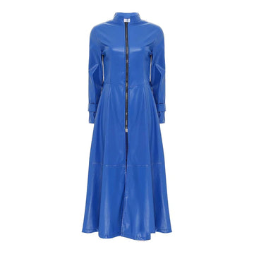 Blue Full-Zip Ankle-Length Genuine Leather Trench Coat-Women Leather Coat-Premium Leather Store