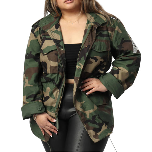 Women’s Trendy Glam Letter Classic Camo Jacket-Camouflage Jacket-Premium Leather Store