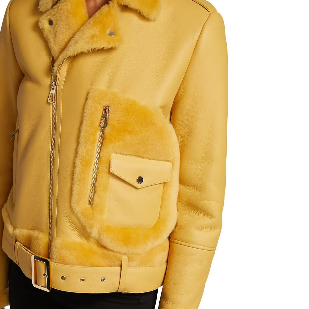 Women's Yellow Faux Shearling Leather Jacket-Women Shearling Jacket-Premium Leather Store