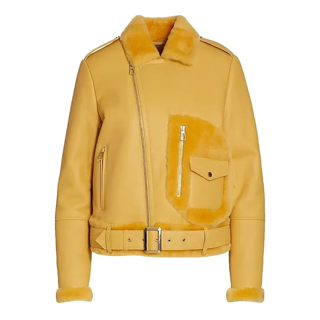 Women's Yellow Faux Shearling Leather Jacket-Women Shearling Jacket-Premium Leather Store