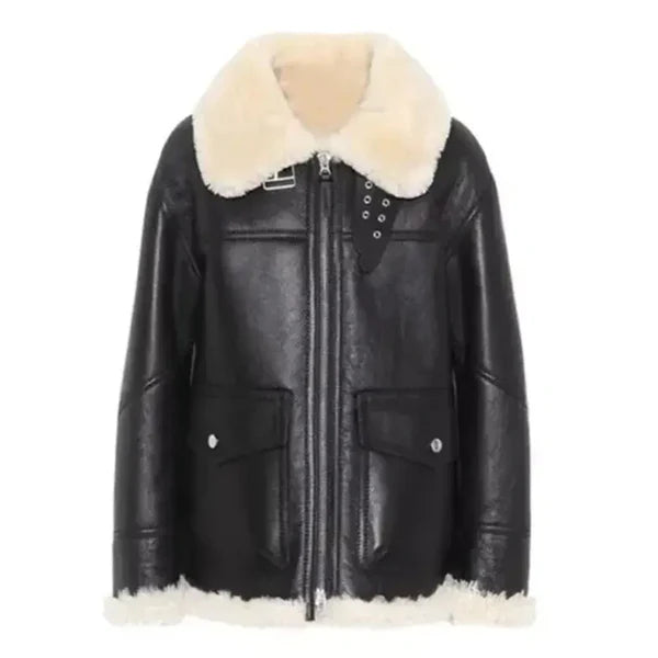 Women's Black Ivory Faux Shearling Aviator Leather Jacket-Women Shearling Jacket-Premium Leather Store
