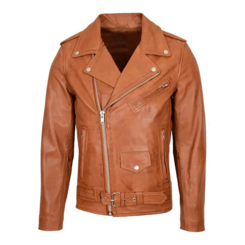 Men's Tan Brando Biker Leather Jacket-Men's Biker Jackets-Premium Leather Store