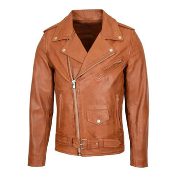 Men's Tan Brando Biker Leather Jacket-Men's Biker Jackets-Premium Leather Store