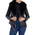 Women's Petite Faux Shearling Fur-Collar Moto Leather Coat-Women Shearling Jacket-Premium Leather Store