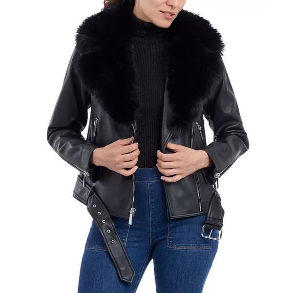 Women's Petite Faux Shearling Fur-Collar Moto Leather Coat-Women Shearling Jacket-Premium Leather Store