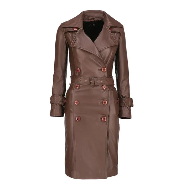 Women's Brown Double-Breasted Elegant Leather Trench Coat-Women Leather Coat-Premium Leather Store