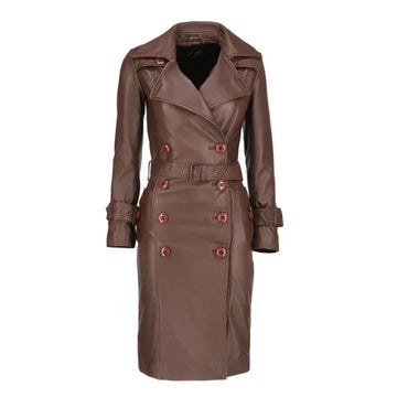 Women's Brown Double-Breasted Elegant Leather Trench Coat-Women Leather Coat-Premium Leather Store