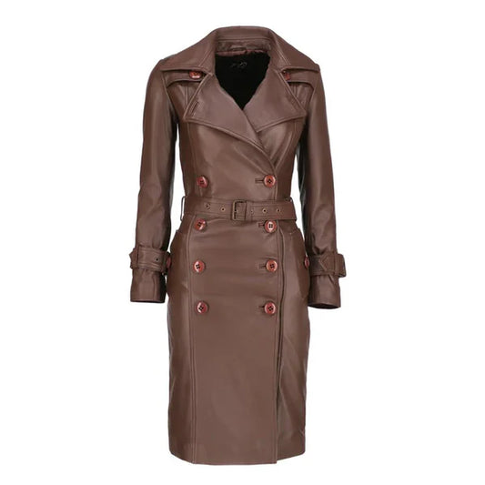Women's Brown Double-Breasted Elegant Leather Trench Coat-Women Leather Coat-Premium Leather Store